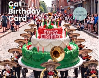 Tarjeta de cumpleaños de gato mariachi, felicitación divertida de gato, diseño de pastel festivo (descarga digital)