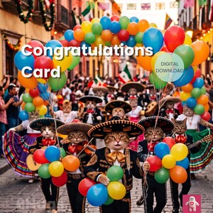Może przedstawiać: Cyfrowa kartka z gratulacjami przedstawiająca grupę kotów ubranych w tradycyjne stroje mariachi, w tym sombrera i czarne kurtki ze złotymi haftami. Koty trzymają kolorowe balony podczas świątecznej parady ulicznej.