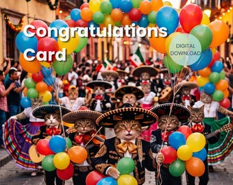 Felicitaciones, Tarjeta de felicitación divertida con gato, Felicitaciones digitales, Descarga instantánea, Regalo de celebración