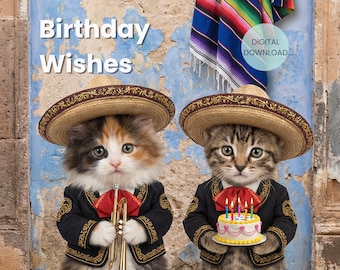 Tarjeta de cumpleaños para gatos, gatos mariachis, felicitación festiva, descarga digital