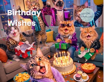 Tarjeta de cumpleaños divertida con temática de gatos, animales de fiesta y deseos de cumpleaños con pastel (descarga digital)