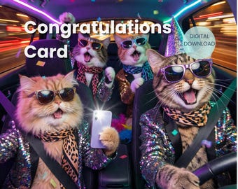 Felicitaciones, Gatos de fiesta, Tarjeta de felicitación divertida con gato, Felicitaciones digitales, Descarga instantánea, Regalo de celebración