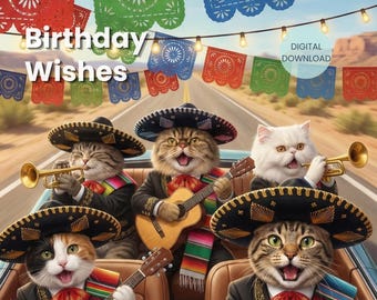 Tarjeta de cumpleaños de gatos mariachis, felicitación divertida para fiestas, felinos festivos (descarga digital)