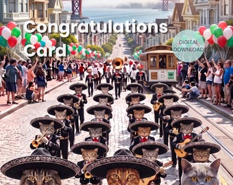 Tarjeta de felicitación con un divertido gato, ideal para fiestas en San Francisco (descarga digital).