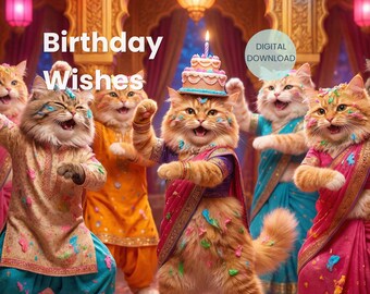 Tarjeta de cumpleaños con diseño de gato indio, felinos festivos y divertidos, con mensajes de cumpleaños y pastel (descarga digital).