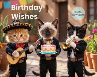 Tarjeta de cumpleaños divertida con gatos, gatos mariachis, deseos festivos (descarga digital)