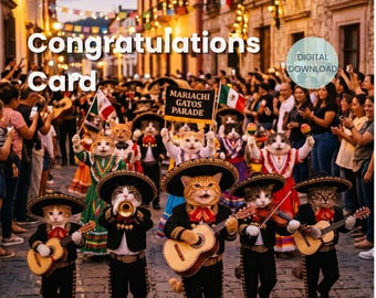 Felicitaciones Mariachi, Tarjeta de felicitación divertida con gato, Felicitaciones digitales, Descarga instantánea, Regalo de celebración