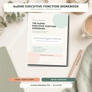 AuDHD Executive Function Workbook, Printable ADHD Autism Worksheets, Color and Black & White PDF
