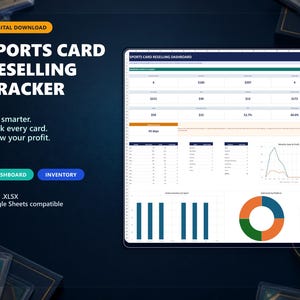 May include: A digital sports card reselling tracker spreadsheet displayed on a screen. The interface includes a dashboard with data tables, a line graph for monthly sales and profit, a bar chart for inventory, and a pie chart for sold cards by platform.
