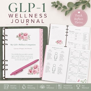 May include: A GLP-1 wellness journal with a dark green cover, featuring internal pages with floral illustrations, monthly injection check charts, glucose trackers, and daily reflection sections. A pink pen rests on the open page, which includes the text My GLP-1 Wellness Companion and A Journey of Progress, Not Perfection.