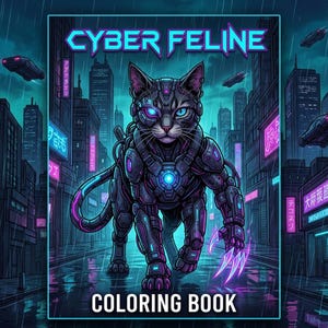 Cyberpunk katt målarbok, Hacker katt målarbilder, Matrix Sci-Fi Gamer Art, Djärvt och enkelt, 10 utskrivbara sidor PDF