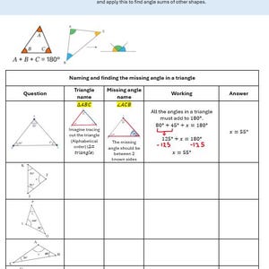 Year 7 Angle Sums Worksheet | Missing Angles in Triangles and Quadrilaterals | AC9M7M05 | Editable & Answers