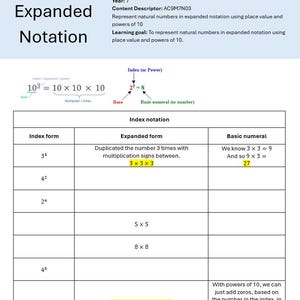 May include: An educational worksheet titled Expanded Notation for Year 7 students. It features diagrams explaining index notation with bases and powers, followed by a table for converting index forms to expanded forms and basic numerals.