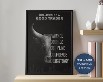 Qualities of a Good Trader Poster for Forex Traders & Stock Traders, Bull Market Canvas Wall Art, Trading Office Decor, Framed Print Gift