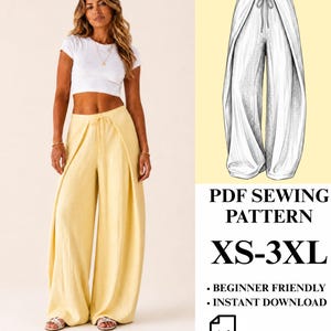 Op de afbeelding: Wijdvallende broek in een lichtgele kleur met een taille met trekkoord en overlappende voorpanden. De afbeelding bevat een technische schets van de broek en de tekst PDF SEWING PATTERN XS-3XL, BEGINNER FRIENDLY, INSTANT DOWNLOAD, A4.