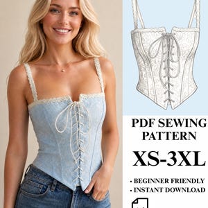 May include: A light blue corset top with a white floral pattern, white lace trim along the neckline and straps, and a white lace-up front closure. The image includes a technical line drawing and text reading PDF SEWING PATTERN XS-3XL.