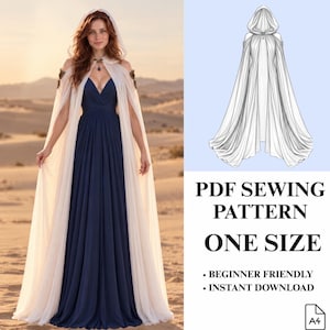 May include: A PDF sewing pattern for a hooded cape, featuring a line drawing of the garment and the text PDF SEWING PATTERN ONE SIZE BEGINNER FRIENDLY INSTANT DOWNLOAD A4. The cape is shown in a sheer white fabric over a navy blue dress.