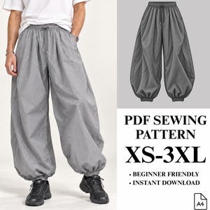 May include: A PDF sewing pattern for loose-fitting gray trousers with an elastic waistband, drawstring, and gathered elastic cuffs. The text reads: PDF SEWING PATTERN XS-3XL, BEGINNER FRIENDLY, INSTANT DOWNLOAD, and A4.