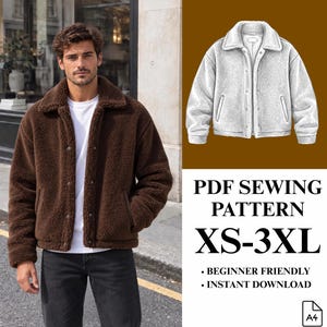 Op de afbeelding: Een bruine fleecejas met een kraag, lange mouwen en een knoopsluiting. De afbeelding bevat een technische schets van de jas en de tekst PDF SEWING PATTERN XS-3XL, BEGINNER FRIENDLY, INSTANT DOWNLOAD en A4.