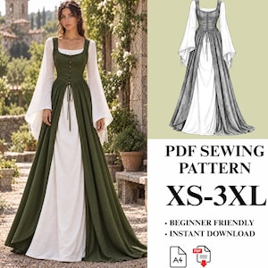 Op de afbeelding: Een vloerlange jurk met een witte onderlaag met lange uitlopende mouwen en een olijfgroene bovenlaag met een rijglijfje. De afbeelding bevat de tekst: PDF SEWING PATTERN XS-3XL, BEGINNER FRIENDLY, INSTANT DOWNLOAD.