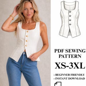 Può includere: Un gilet bianco senza maniche con scollo quadrato e quattro bottoni dorati sul davanti. L'immagine include un disegno tecnico del gilet, il testo PDF SEWING PATTERN XS-3XL, BEGINNER FRIENDLY, INSTANT DOWNLOAD e un'icona A4.