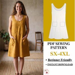 May include: A mustard yellow sleeveless dress with a scoop neckline and two front patch pockets. The image includes a white line drawing of the dress, the text PDF SEWING PATTERN, the size range SX-4XL, and the text Beginner Friendly.