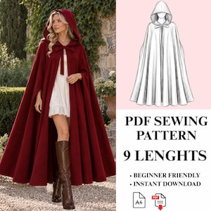 May include: A deep red hooded cloak with a front tie closure, shown on a person wearing a white dress and brown boots. The image includes a technical sketch of the cloak and text reading PDF SEWING PATTERN 9 LENGHTS, BEGINNER FRIENDLY, INSTANT DOWNLOAD.