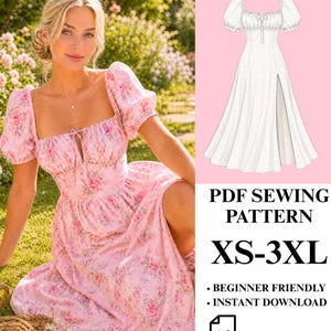 Milkmaid Dress Sewing Pattern, Puff Sleeve, Square Neck, Cottagecore Maxi (Beginner Friendly)