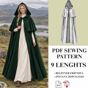 Gothic Cloak Sewing Pattern PDF | Double Layer Hooded Cape Pattern | Dark Academia Witch Cloak | Digital Download One Size