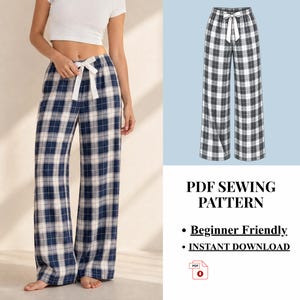 May include: Wide-leg lounge pants featuring a navy blue and white plaid pattern with an elastic waistband and a white ribbon drawstring. The image includes a digital illustration of the pants and text reading PDF SEWING PATTERN, Beginner Friendly, INSTANT DOWNLOAD.