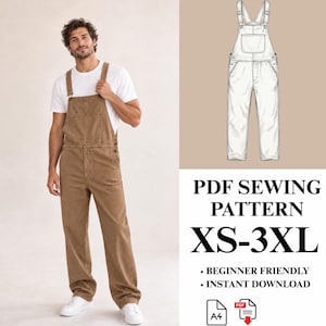 Naaipatroon voor herenoveralls, tuinbroek PDF voor heren, denim tuinbroek met zakken, werkoverall, XS-XXXL, A4 Letter A0