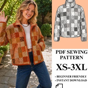 May include: A zip-up jacket featuring a patchwork pattern of orange, brown, and cream squares. The image includes a technical line drawing of the jacket, the text PDF SEWING PATTERN XS-3XL, BEGINNER FRIENDLY, INSTANT DOWNLOAD, and an A4 icon.