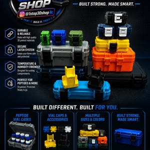 May include: A collection of 3D printed storage cases in various colors including black, blue, yellow, orange, and grey. The cases feature secure latch systems and are displayed with text labels such as 1 STOP 3D SHOP, 3D PRINTED CASES, and BUILT DIFFERENT. BUILT FOR YOU.