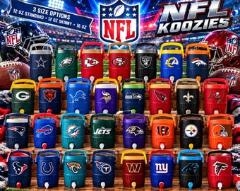 May include: A collection of NFL team-branded beverage coolers with handles and spigots, featuring various team logos and colors. The image includes text stating 3 size options: 12 oz standard, 12 oz skinny, and 16 oz, alongside the NFL logo.