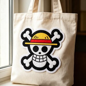 Straw Hat Pirate Skull Embroidered Patch, Anime Jolly Roger Iron On Patch, Tote Bag Applique