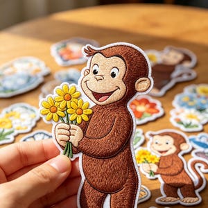 May include: An embroidered patch featuring a brown monkey character holding a small bouquet of yellow flowers with green stems. The patch has a white border and detailed stitching, showcasing the monkey with a smiling expression and round ears.
