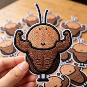 May include: An embroidered patch featuring a cartoon character with a round tan head, orange cheeks, and a brown muscular torso with defined abdominal muscles. The character has two black antennae, flexed arms, and small black feet, outlined in white.