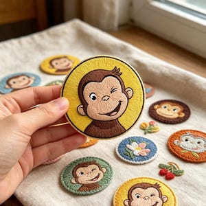 May include: A circular embroidered patch featuring a brown monkey with a winking expression on a yellow background. The patch has a stitched border. Other similar circular patches with monkey designs and small floral motifs are arranged nearby.