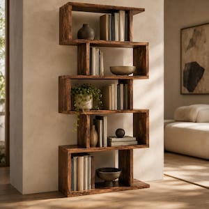 May include: A tall, dark brown wooden bookshelf with a zigzag, S-shaped frame featuring five open shelves. The shelves are filled with various books, a small green potted plant, two dark ceramic bowls, a small vase, and a dark sphere decorative object.