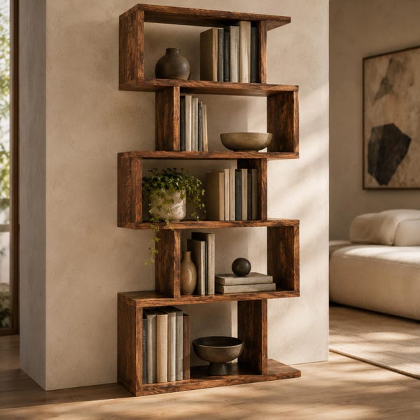 May include: A tall, dark brown wooden bookshelf with a zigzag, S-shaped frame featuring five open shelves. The shelves are filled with various books, a small green potted plant, two dark ceramic bowls, a small vase, and a dark sphere decorative object.