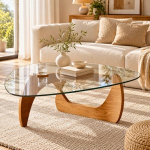 May include: A coffee table featuring a clear, triangular glass top supported by a curved, light-toned wooden base. The table holds a small white ceramic vase with green branches, a stack of two books, and a small glass tumbler.