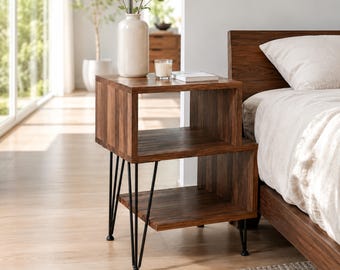 Modern Geometric Nightstand with Open Shelves, Walnut Bedside Table, Mid Century End Table, Small Bedroom Side Table