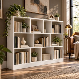 May include: A white rectangular bookshelf with twelve open cubby compartments arranged in three rows. The shelves are filled with various hardcover books, potted green plants, a ceramic vase, a decorative sphere, and a small rectangular box.