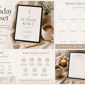 May include: A digital weekly planner titled The Sunday Reset featuring 16 printable PDF pages. The layout includes sections for weekly planning, meal prep, grocery lists, brain dumps, home and financial resets, self-care, and reflections for digital or print use.