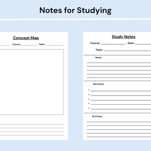 Pode incluir: Um material de estudo imprim&iacute;vel com duas se&ccedil;&otilde;es distintas intituladas Notes for Studying. O lado esquerdo &eacute; um Concept Map com campos para data, curso e t&oacute;pico, al&eacute;m de uma grande caixa em branco e linhas para notas. O lado direito &eacute; Study Notes com campos para curso, data e t&oacute;pico, al&eacute;m de se&ccedil;&otilde;es para notas, pontos-chave e um resumo.