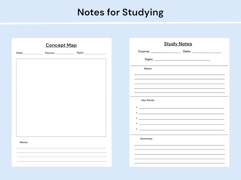 Pode incluir: Um material de estudo imprim&iacute;vel com duas se&ccedil;&otilde;es distintas intituladas Notes for Studying. O lado esquerdo &eacute; um Concept Map com campos para data, curso e t&oacute;pico, al&eacute;m de uma grande caixa em branco e linhas para notas. O lado direito &eacute; Study Notes com campos para curso, data e t&oacute;pico, al&eacute;m de se&ccedil;&otilde;es para notas, pontos-chave e um resumo.