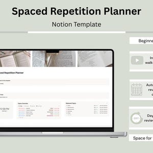 Peut inclure: Un écran d'ordinateur portable affichant un modèle Notion de planificateur de répétition espacée. L'interface comprend un aperçu des sujets, une liste des sujets maîtrisés et une horloge numérique. Des étiquettes indiquent les fonctionnalités.