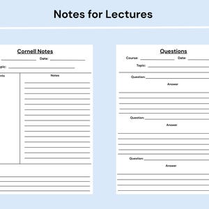 Pode incluir: Dois modelos de estudo imprim&iacute;veis brancos com texto preto. A folha esquerda &eacute; intitulada Cornell Notes com se&ccedil;&otilde;es para Course, Date, Topic, Key Points, Notes e Summary. A folha direita &eacute; intitulada Questions com campos para Course, Date, Topic, Questions e Answers.