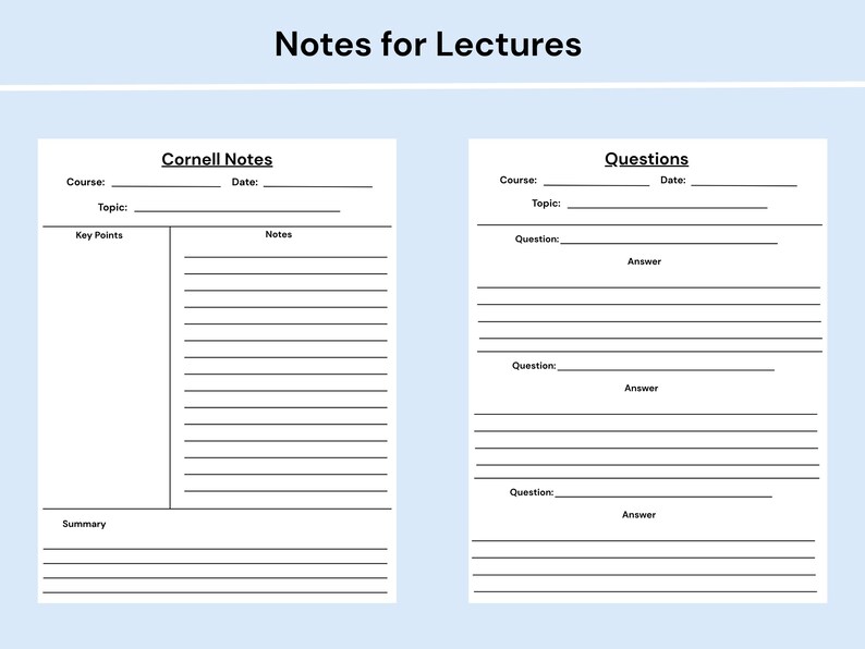 Pode incluir: Dois modelos de estudo imprim&iacute;veis brancos com texto preto. A folha esquerda &eacute; intitulada Cornell Notes com se&ccedil;&otilde;es para Course, Date, Topic, Key Points, Notes e Summary. A folha direita &eacute; intitulada Questions com campos para Course, Date, Topic, Questions e Answers.