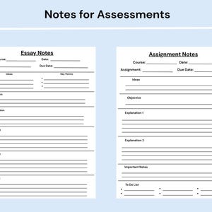 Pode incluir: Um modelo imprim&iacute;vel branco intitulado Notes for Assessments com duas se&ccedil;&otilde;es. O lado esquerdo &eacute; rotulado como Essay Notes com campos para curso, data, ensaio e prazo, al&eacute;m de se&ccedil;&otilde;es para ideias, pontos-chave, tese, introdu&ccedil;&atilde;o e t&oacute;picos. O lado direito &eacute; rotulado como Assignment Notes com campos para curso, data, tarefa e prazo, al&eacute;m de se&ccedil;&otilde;es para ideias, objetivo, explica&ccedil;&otilde;es, notas importantes e uma lista de tarefas.